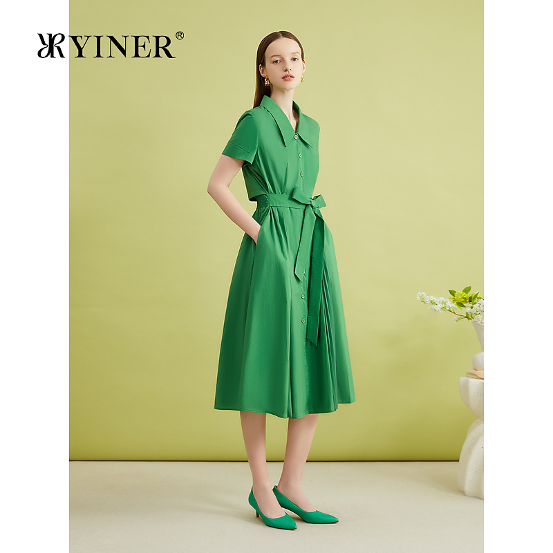 YINER音儿女装夏季高支棉法式优雅翻领收褶拼接雪纺连衣裙