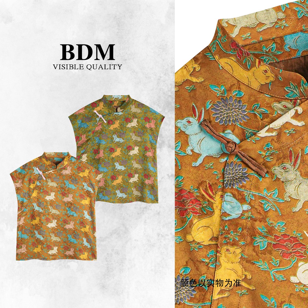 佰搭美2025夏季新款100%人丝工艺斜襟盘扣玉兔印花百搭女