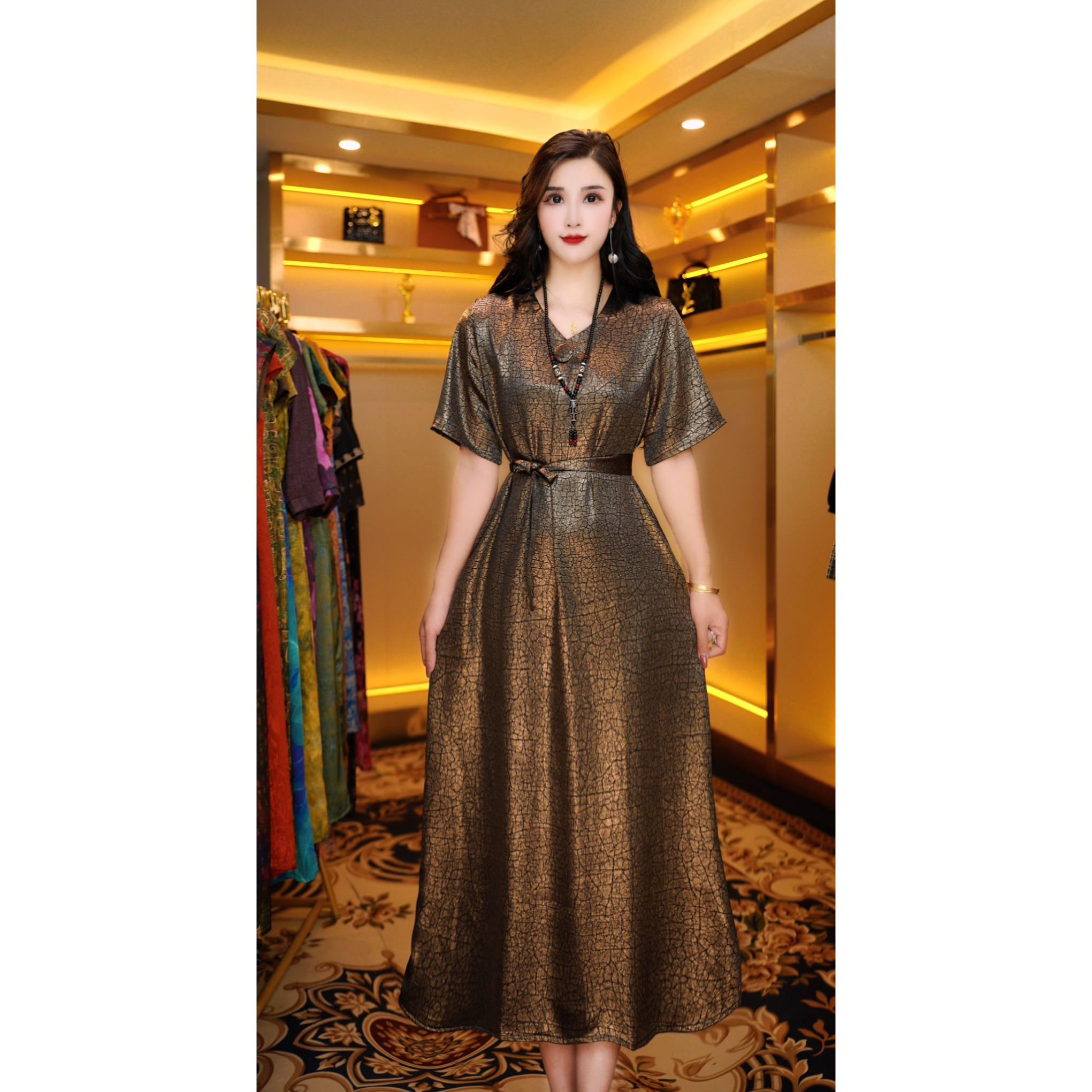 1421-11金色高端国风龟裂纹传承气质连衣裙