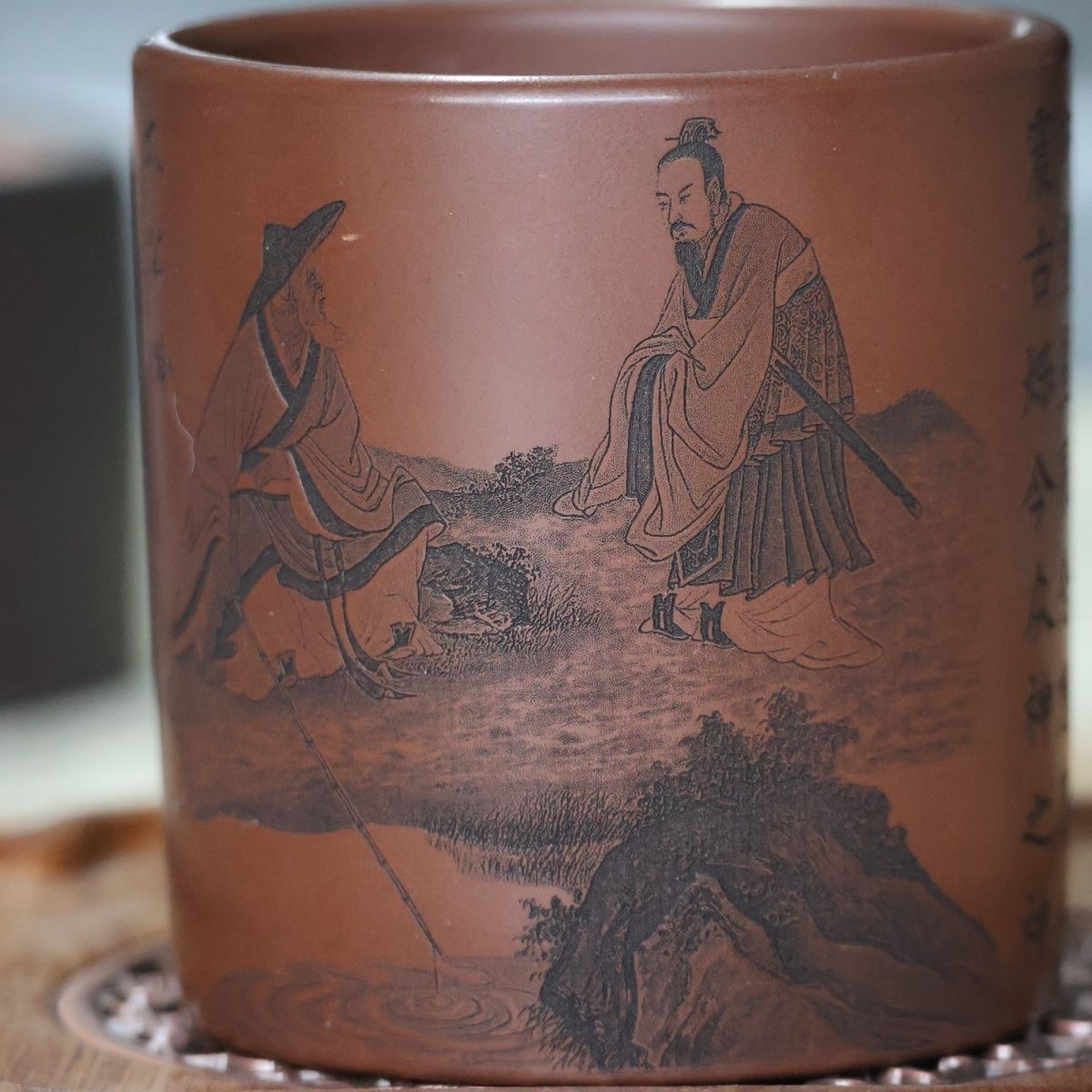 宜兴精品紫砂原矿全手工刻绘.太公吟.笔筒杯大容量180cc茶杯