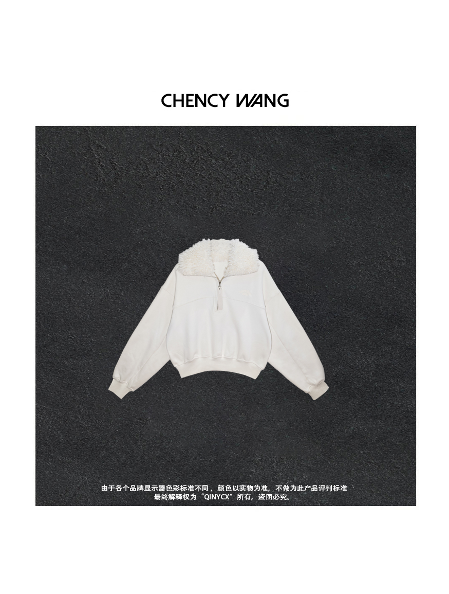 『CHENCY WANG』 毛领蝙蝠袖 秋冬立领休闲阔版显瘦羔毛蝙蝠袖上衣