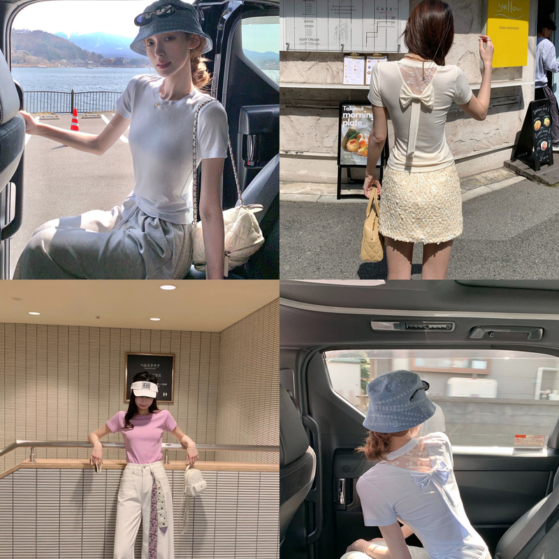 SourceWithU 5.8laceismore 纯棉蕾丝莱塞尔蝴蝶结短袖百搭上衣