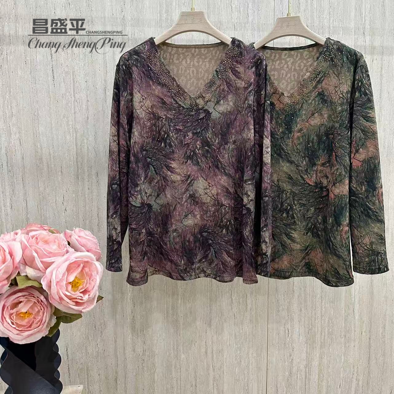 G3205【澳绒丝光棉V领烫钻打底衫】时尚轻奢秋季女士长袖衫大码加肥