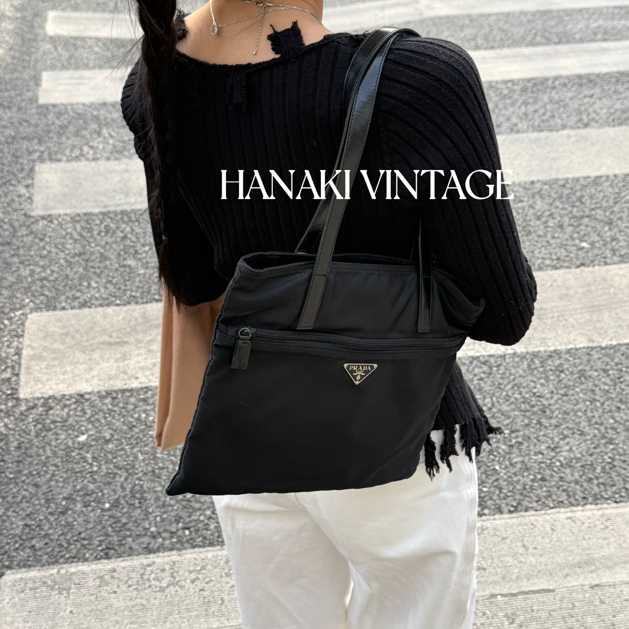 95新 Prada/普拉达 花绮中古/Prada黑色尼龙腋下单肩包