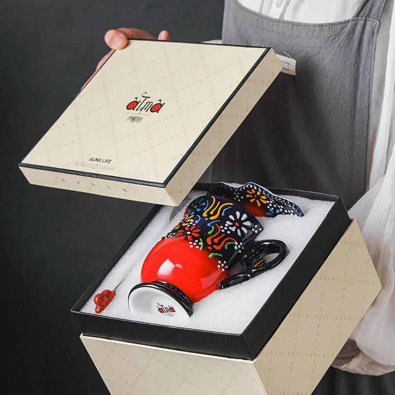 阿勒玛新疆包邮【蓝贵夫人红】手绘土耳其堆料马克杯简约轻奢水杯