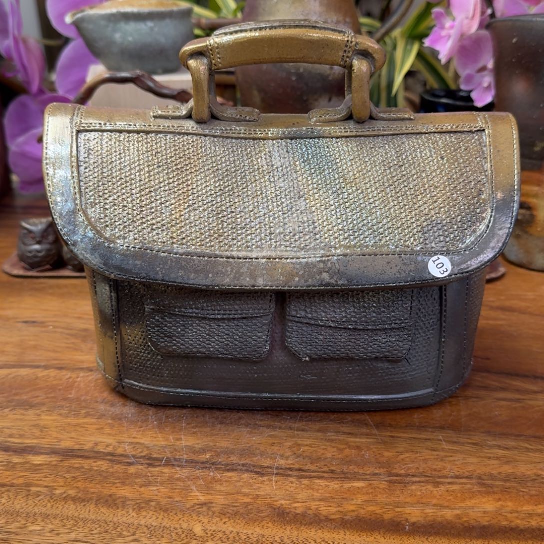 田中史男备前烧金彩备前提梁花器福利一口价