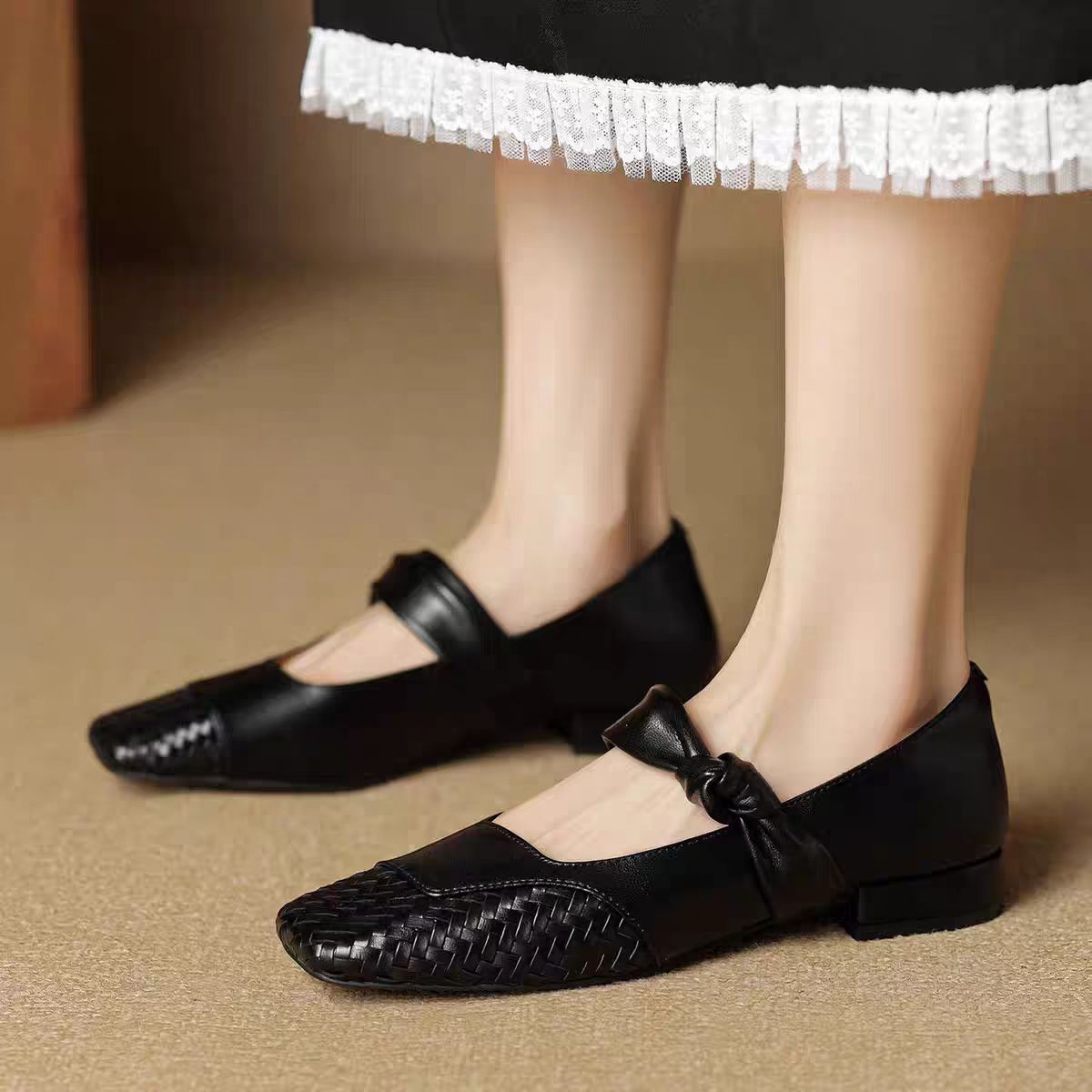 木林女鞋浅口玛丽珍鞋低跟编织方头单鞋中跟平底皮鞋圆头