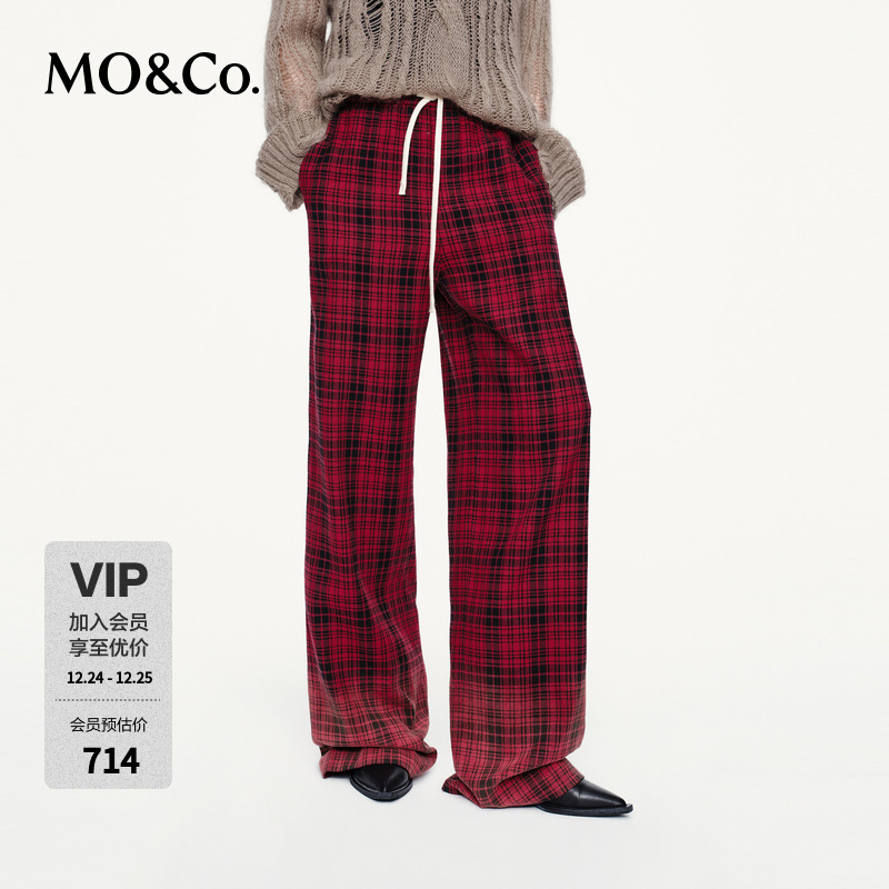 【流光风】MOCO休闲裤2025秋新品棉质黑红格纹渐变高腰MBE3PATT11