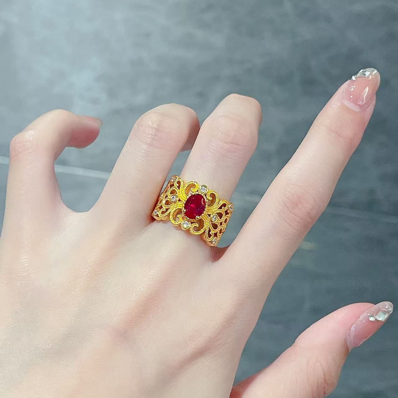 足金999 黄金首饰 5D镶嵌 莫桑090戒指 精美时尚气质宽面戒指