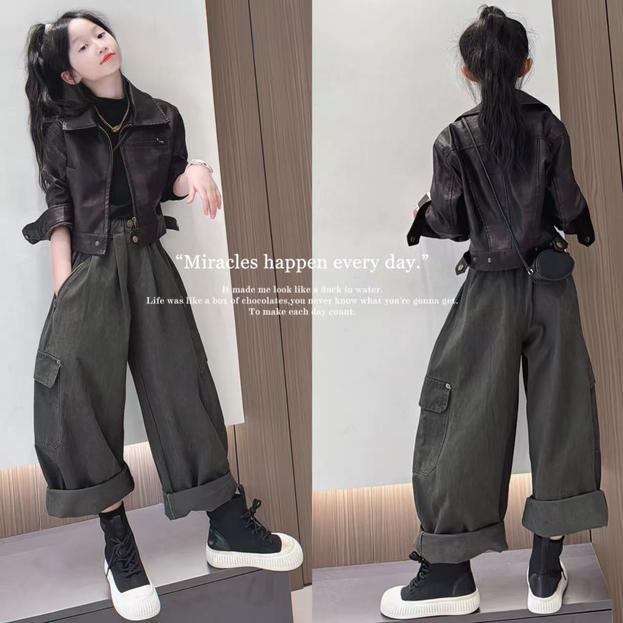 女童复古pu皮衣夹克机车服短外套军绿色拉链工装秋套装酷飒潮穿搭