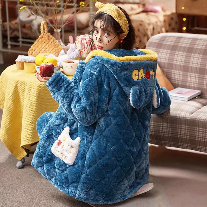 女士冬季新款三层夹棉加绒加厚毛绒连帽保暖家居服套装