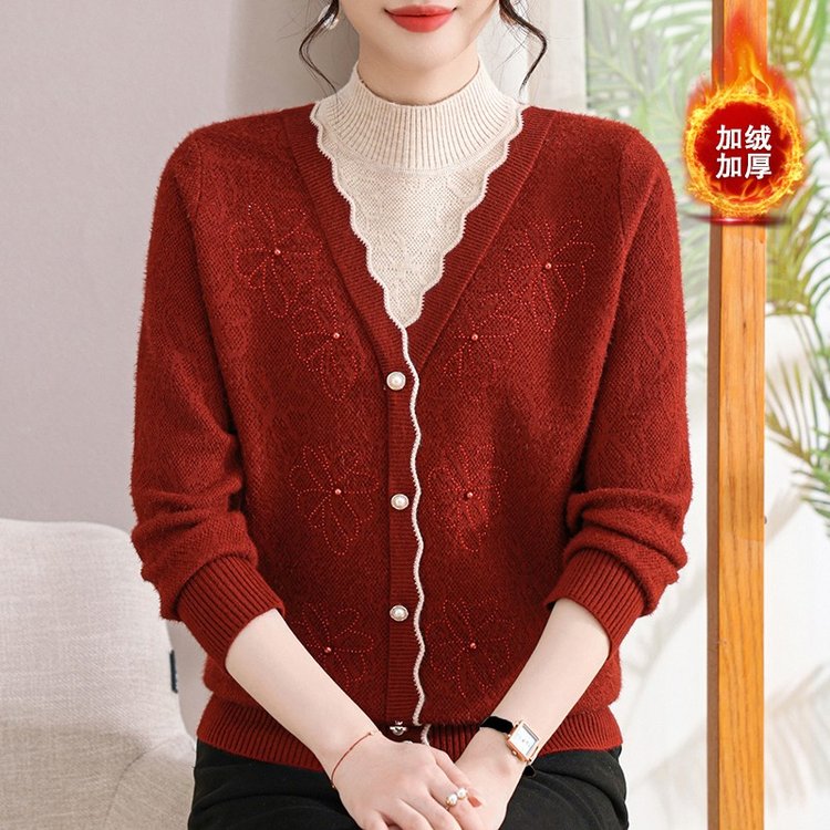 妈妈秋冬装毛衣洋气一体绒针织打底衫中老年人女加绒加厚保暖上衣