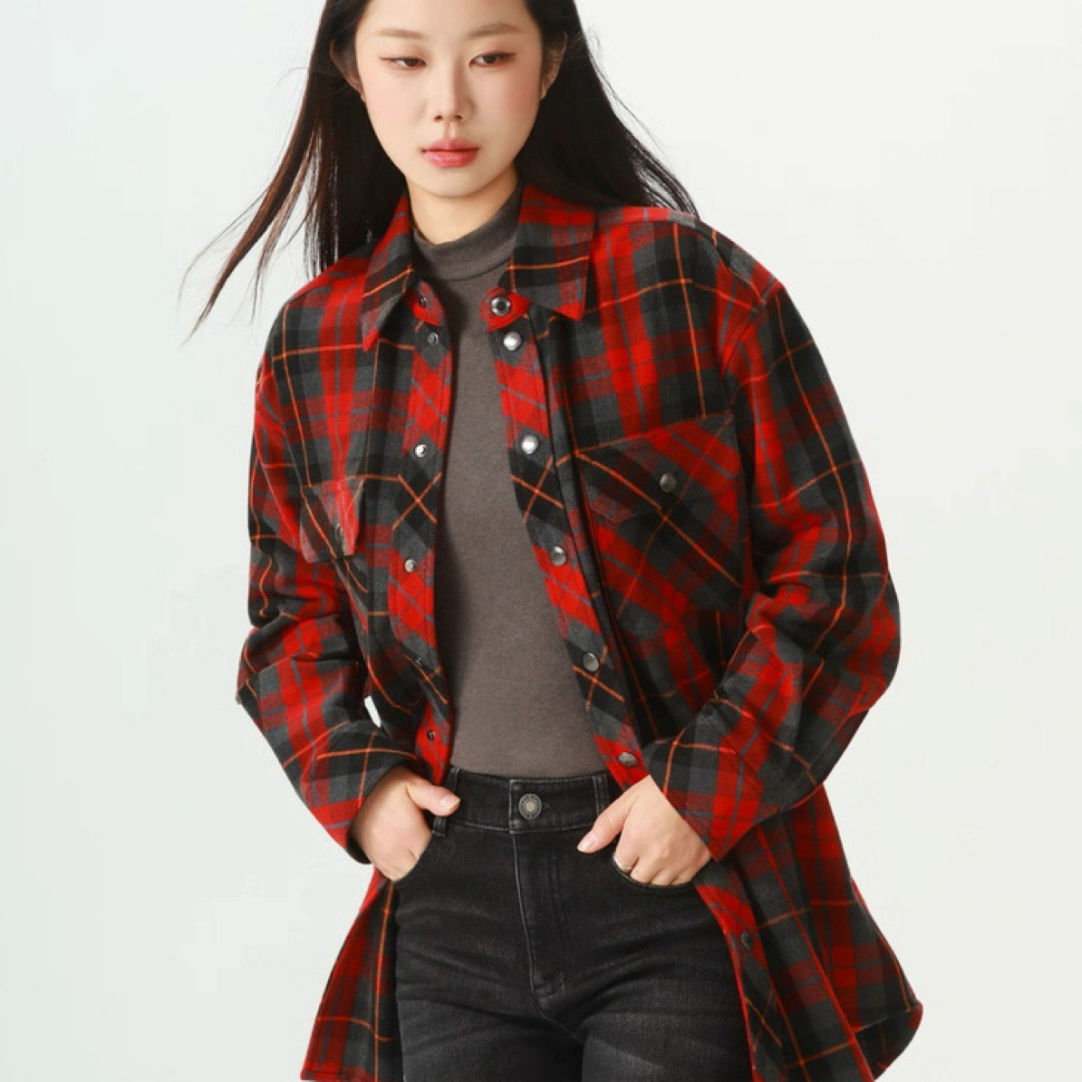 Girdear/哥弟秋冬新款时尚气质百搭休闲格子长袖衬衫外套1301058