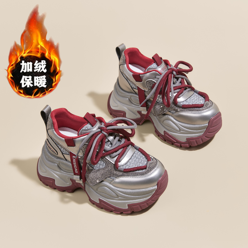 爆款老爹鞋女增高2025新款秋冬显脚小松糕厚底真皮小个子运动女鞋