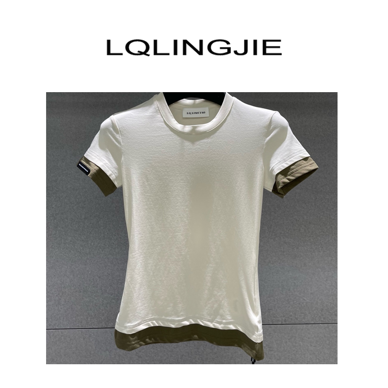 LQLINGJIE设计师款简约假两件拼色短袖T恤3560