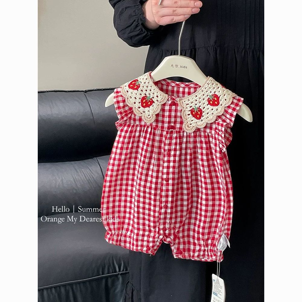 戴维贝拉【断码】夏季新款婴儿衣服女宝宝哈衣花边草莓格子连体衣