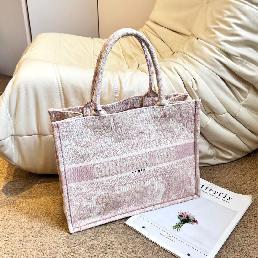 95新 DIOR/迪奥 粉色 刺绣帆布动物园booktote 中号/614021869