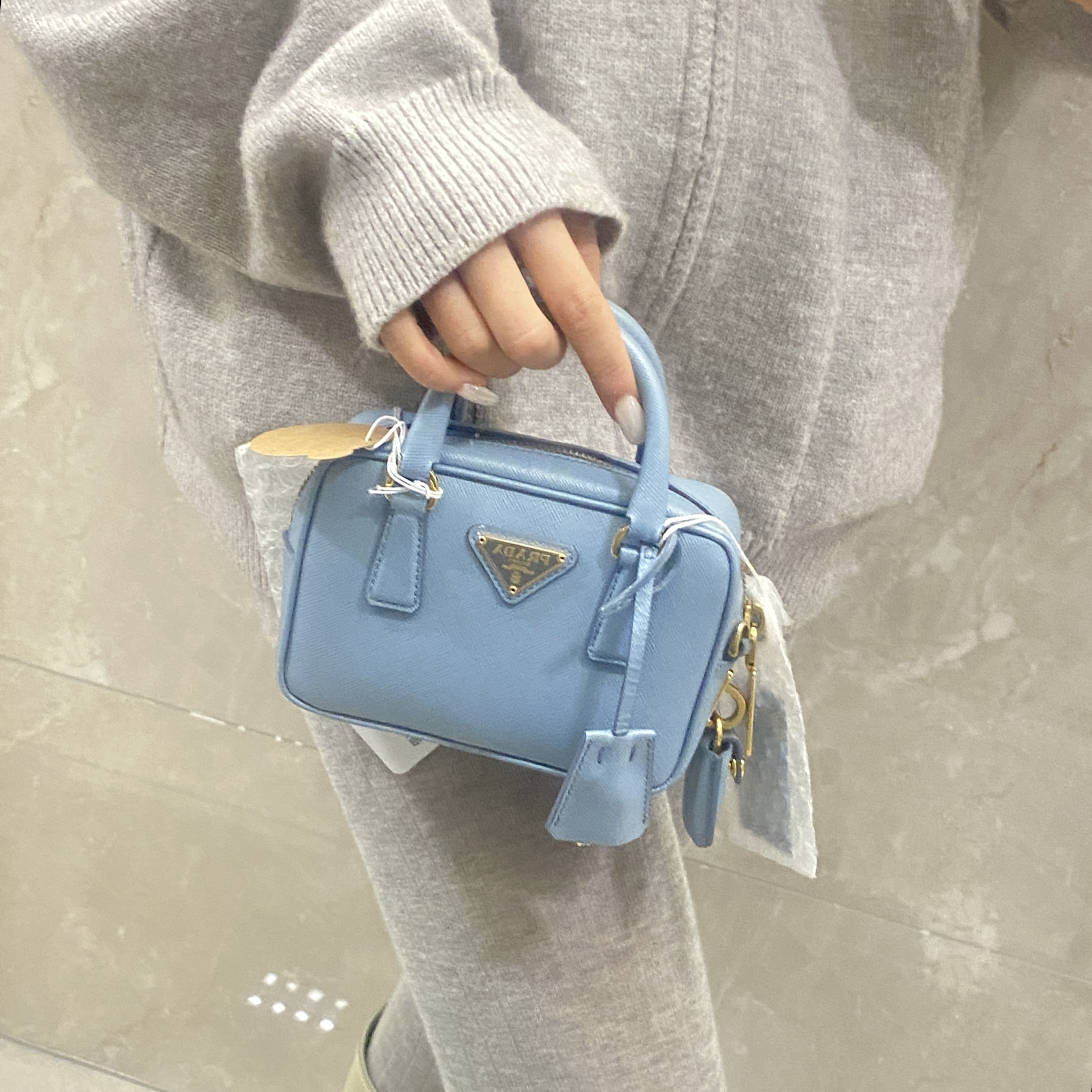 95新 Prada/普拉达 prada baby蓝mini手提斜挎包