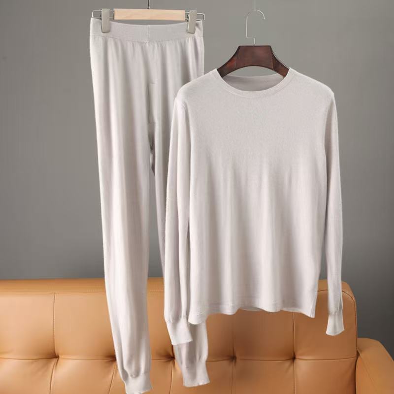 【帕美羊绒】100%山羊绒精纺男士内衣套装薄款80支长袖针织保暖圆领