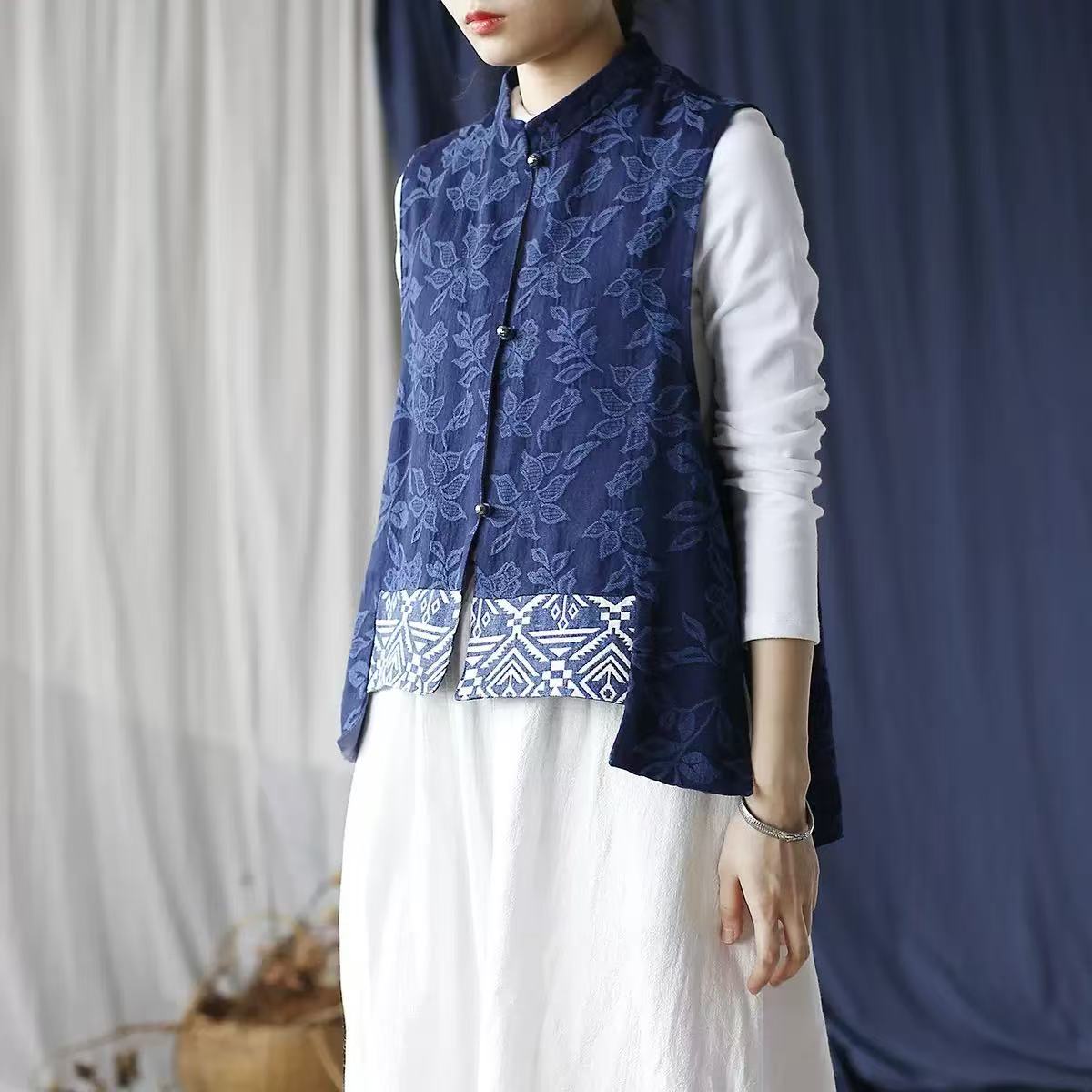 马夹拼接春秋马甲宽松型网红秋季原创设计常规夏季立领中式民族风