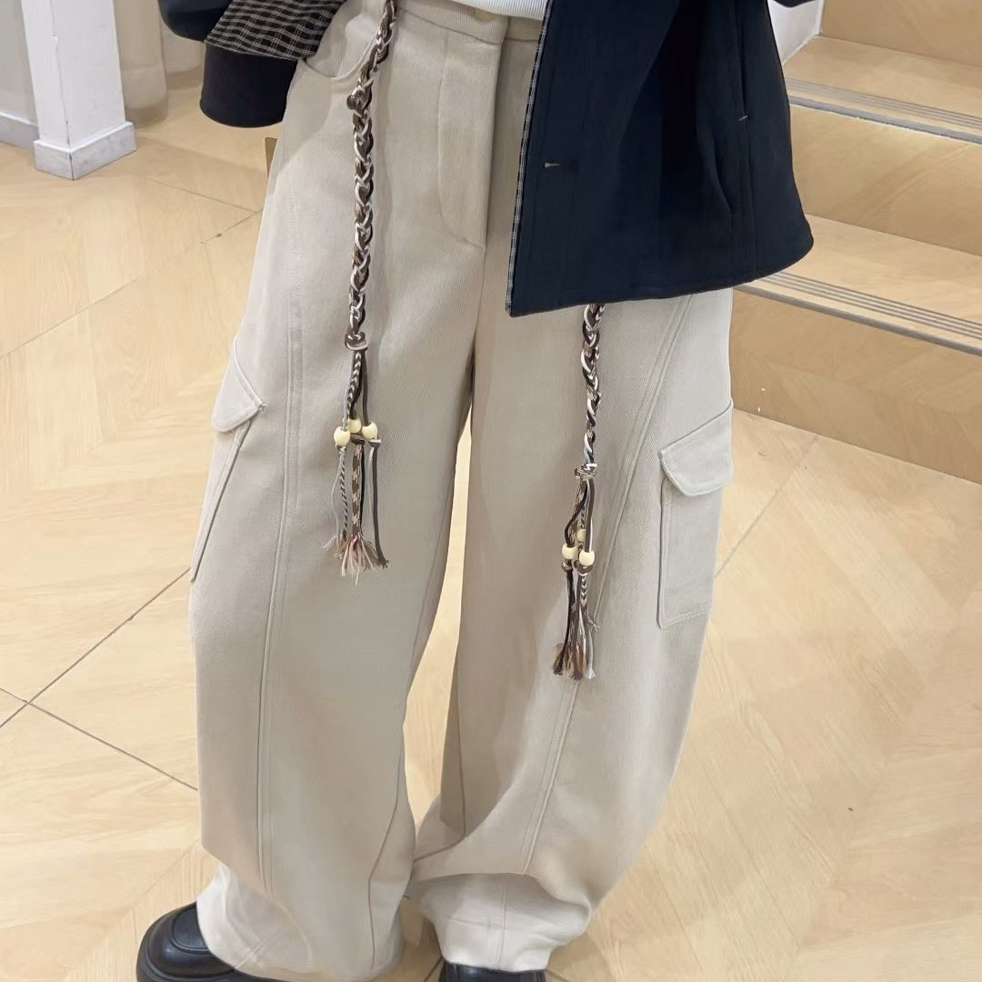 ODUOER【配腰带】后松紧腰宽松加厚高街工装裤高腰阔腿裤女小个子