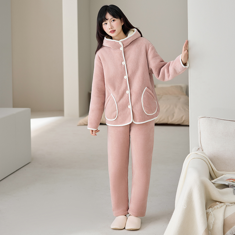 冬季保暖睡衣双层复合家居服套装宽松可外穿套装长袖睡衣