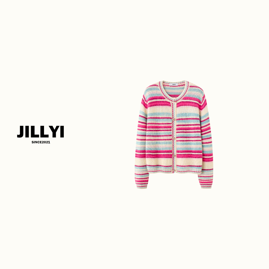 jillyi【彩虹条纹】粉蓝条纹圆领甜妹气质时尚百搭针织开衫
