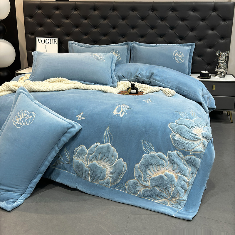 【芙蓉】蓝绣花加厚牛奶绒绒四件套刺绣婴肤绒绒被套大床单枕套