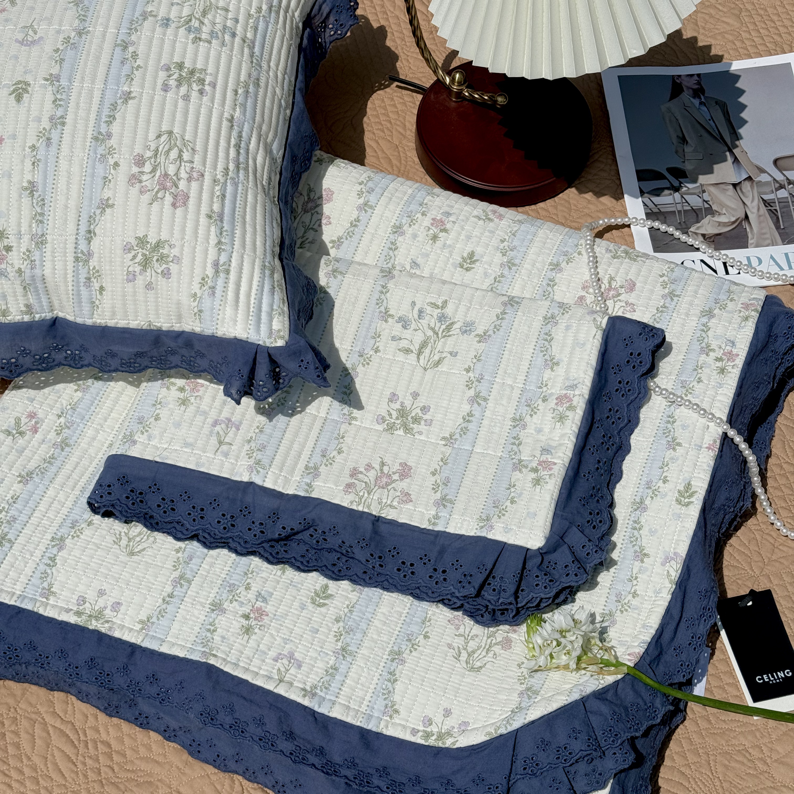 【君君定制】全棉高温砂洗加大尺寸纯棉花边款床盖三件套