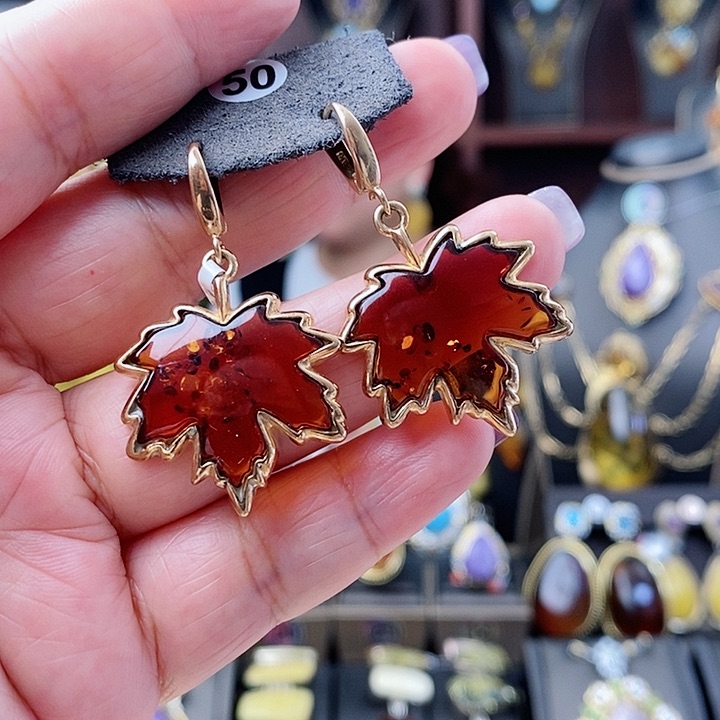 琥珀耳饰银S925镶嵌耳环