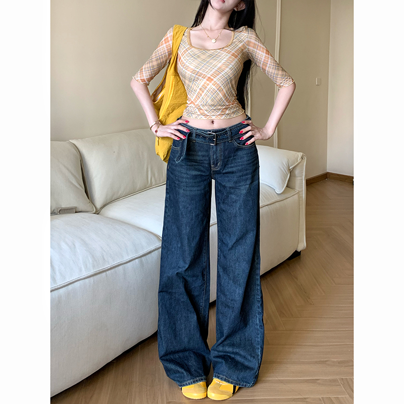 中低腰深蓝腰带阔腿牛仔裤女2025冬季新款宽松显瘦长腿复古拖地裤