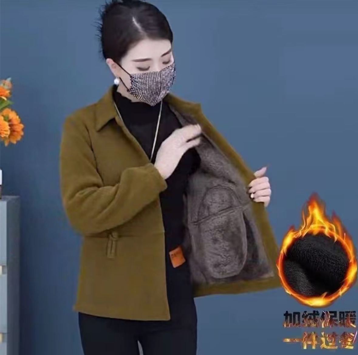 中年女灯芯绒加绒外套时尚上衣休闲新款洋气妈妈冬装长袖宽松开衫