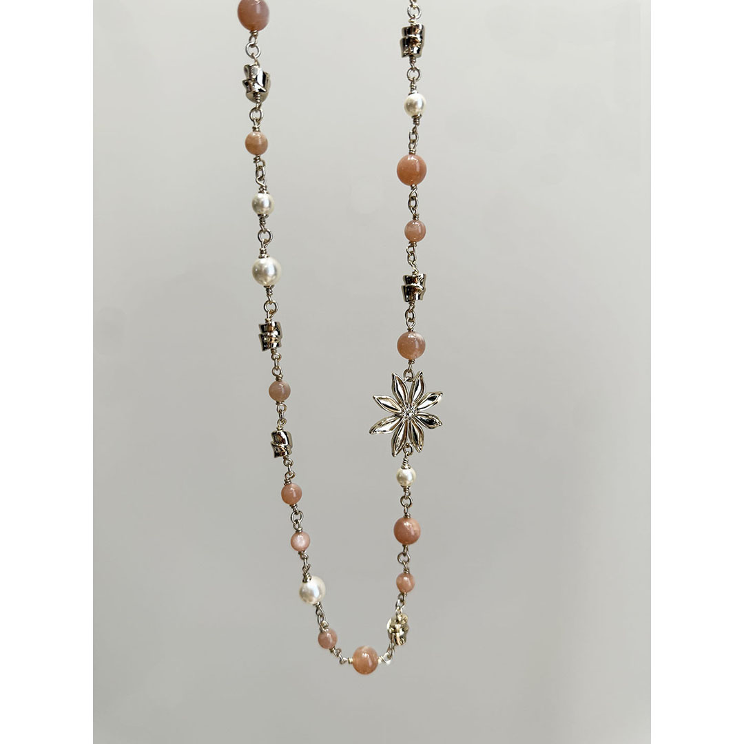 铜合金合成锆石项链 25新款八角岩熔粉色珠珠毛衣链项链饰品手链