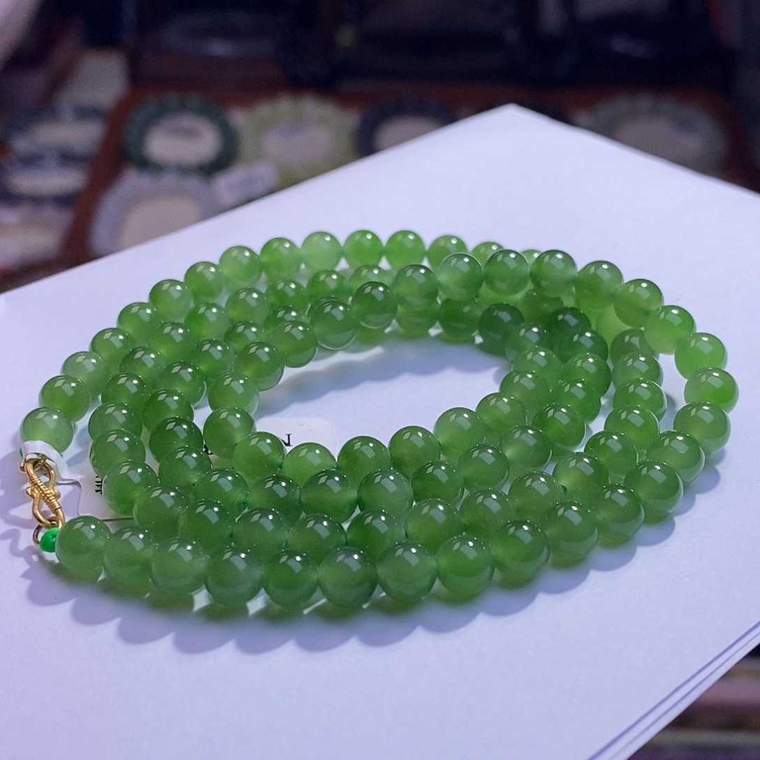 颈饰未镶嵌和田玉碧玉苹果绿金镶珠链6m