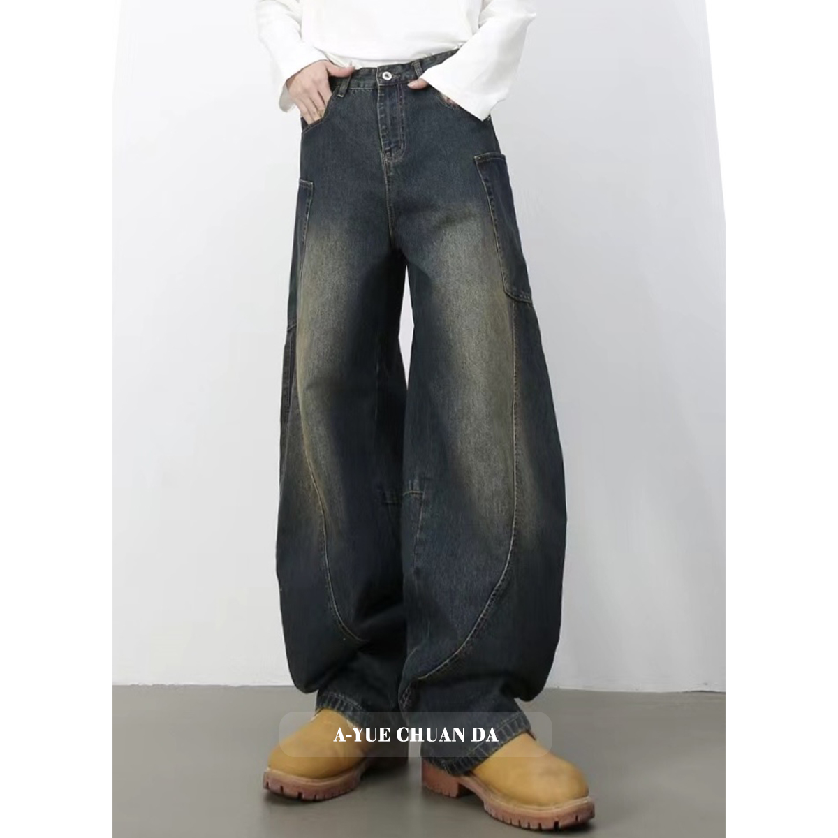 AYUE春夏新款潮流美式复古高级感宽松弯刀百搭牛仔长裤裤子牛仔裤