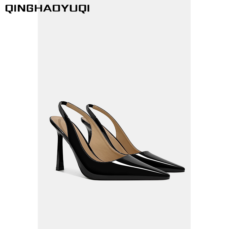 高跟鞋女2025夏季新款细跟小方头时尚浅口后空一字带扣包头凉鞋女