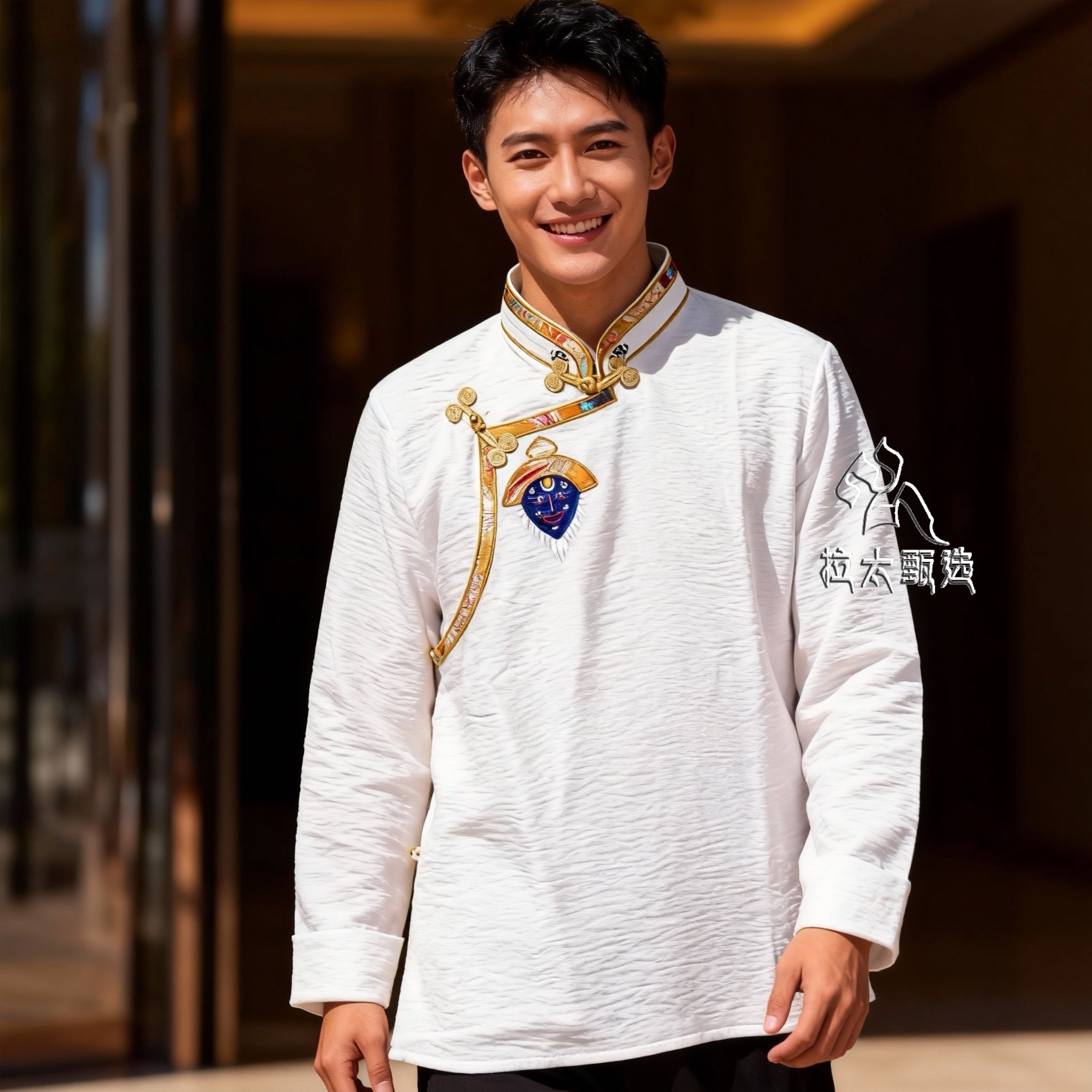 男士新款藏装衬衫棉料绣花藏戏面具藏袍内搭民族舞蹈服西藏服上衣