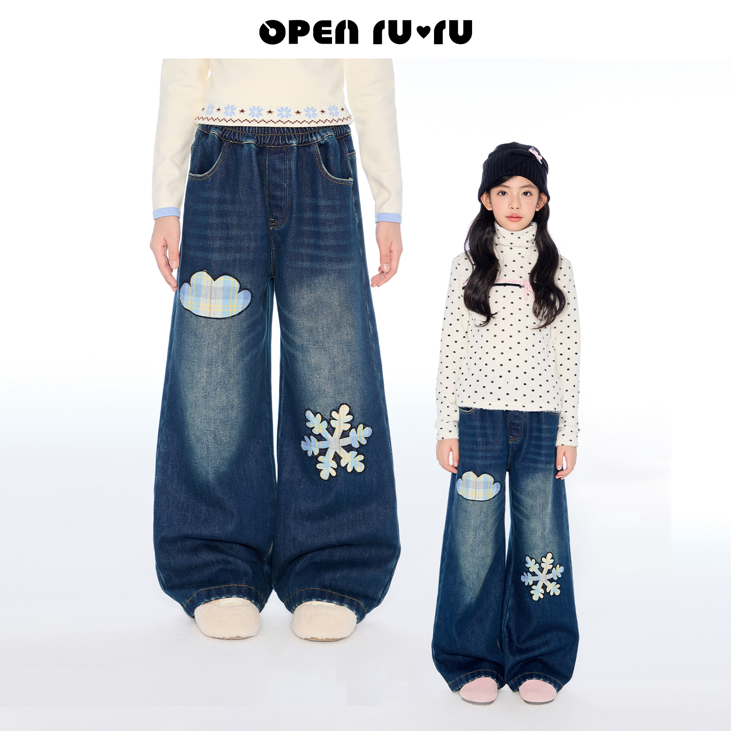 Opennunu女童雪花复古牛仔裤冬季设计感加绒保暖休闲阔腿长裤