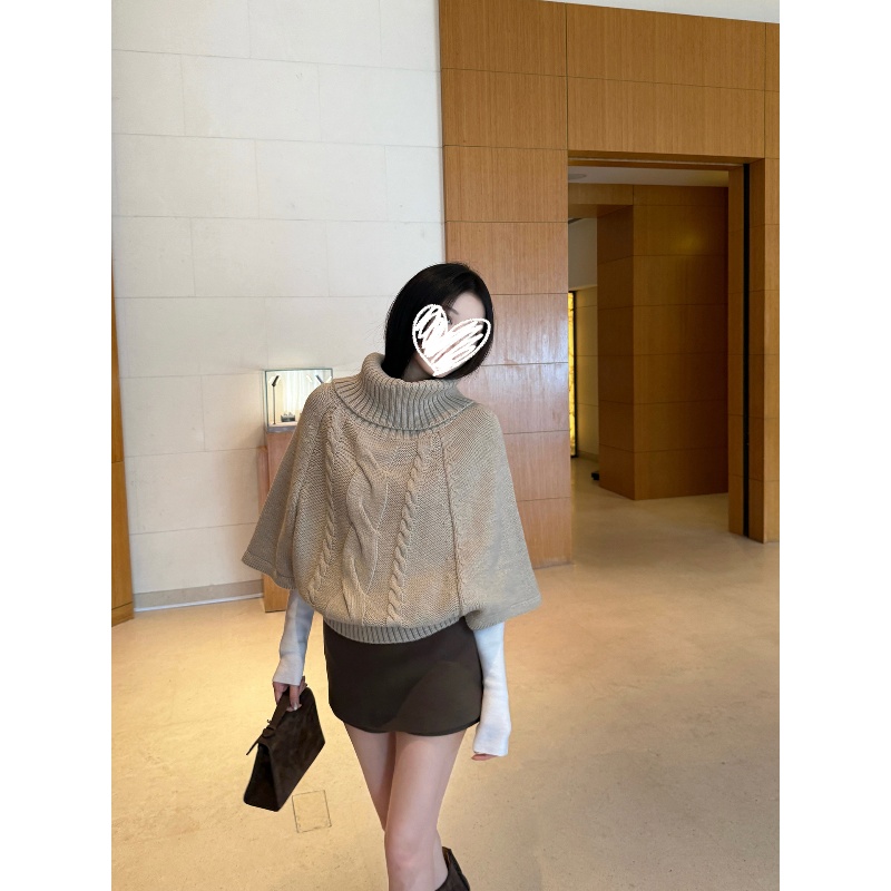 麻花高领斗篷毛衣+内搭长袖打底衫+短裤三件套针织套装女冬00727