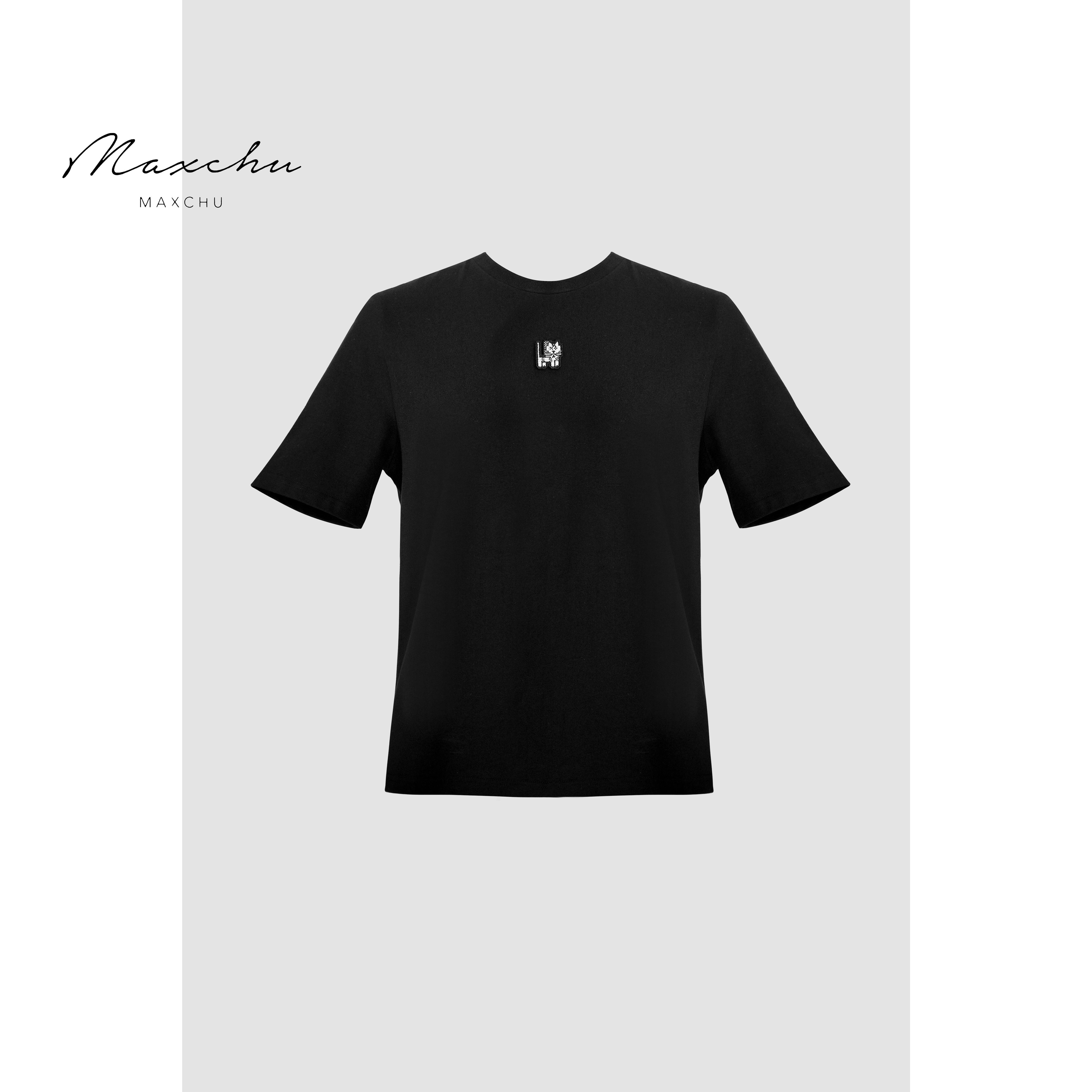 MAXCHU|英式贵族猫正肩t恤女春夏季设计感圆领百搭黑色短袖上衣