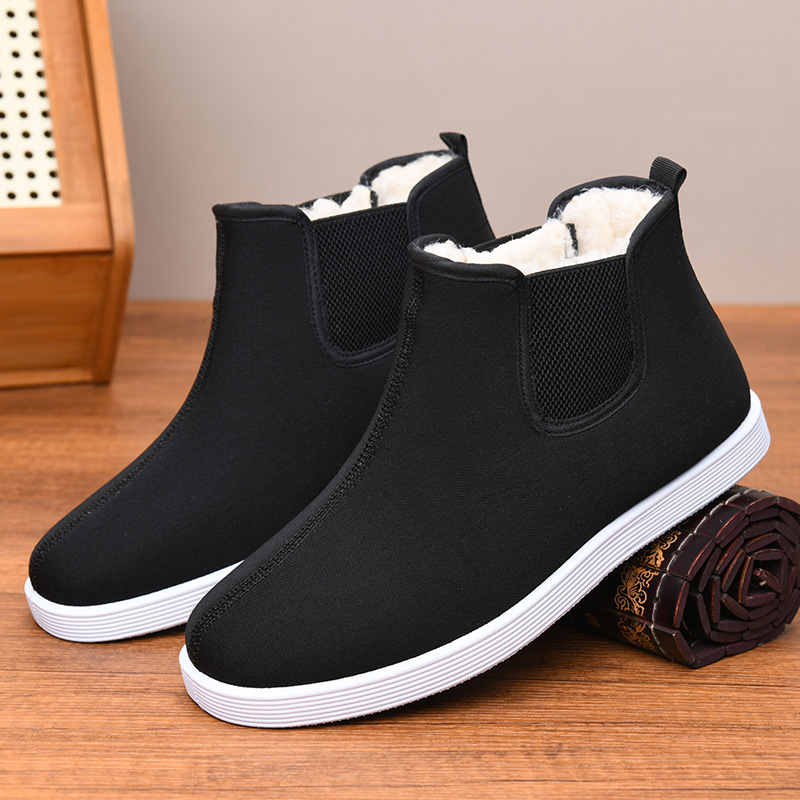 冬季加绒加厚羊毛靴棉靴老北京布鞋舒适防滑软底布靴男士过冬棉鞋