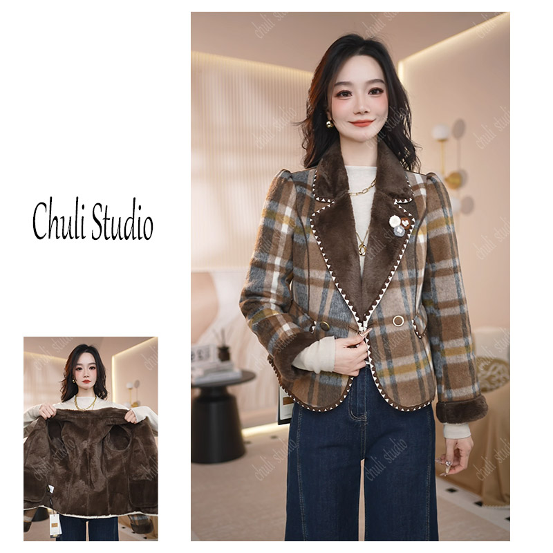【ChuLi】专柜品质格纹短款小香风毛呢外套2025新款显瘦加绒上衣