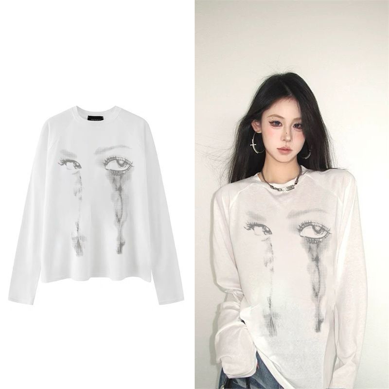 【ZHAP】新款早秋款长袖t恤上衣女白色chic外穿爆款秋冬款休闲宽松