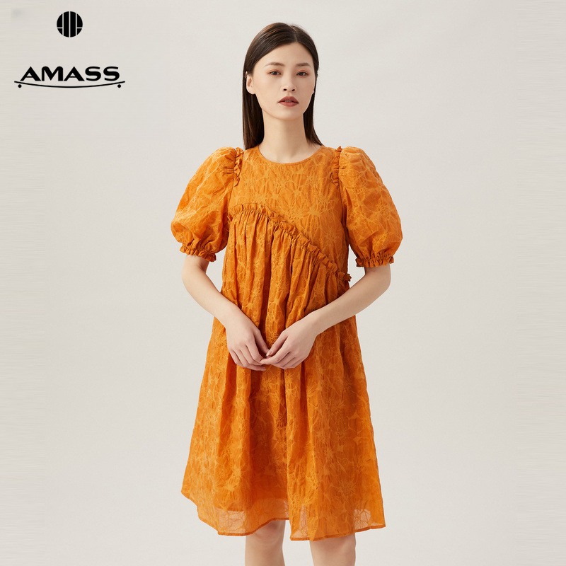 阿玛施AMASS新款女装百搭气质法式宫廷风圆领泡泡袖连衣裙5500388