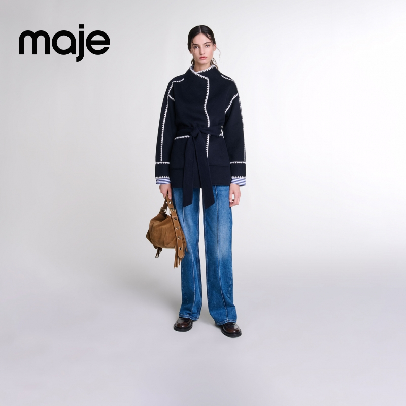 暖系穿搭|Maje2025新款女装宽松撞色系带收腰毛呢外套MFPOU01259