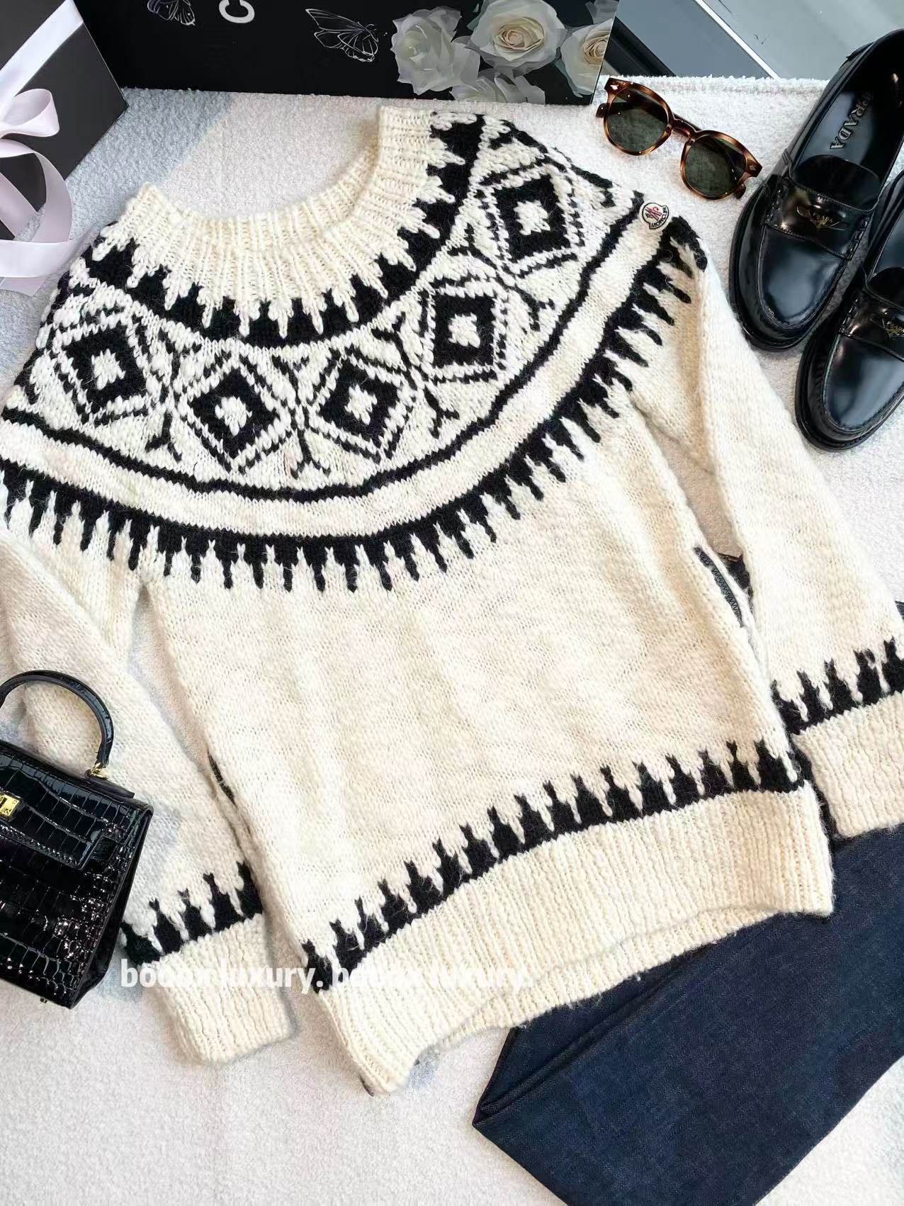 95新 MONCLER rc0128 羊毛 黑白刺绣嵌花费尔岛袖标logo毛衣 m码