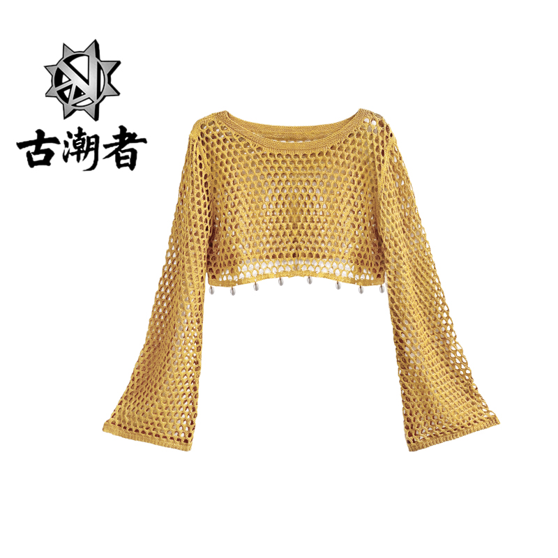 十三姨女士欧美女装夏季新款贝壳拼接镂空机织衫长袖沙滩罩衫