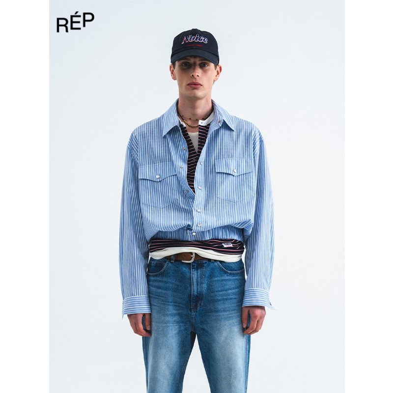 REP-NOICE设计师品牌蓝色条纹松紧衬衫 26SS