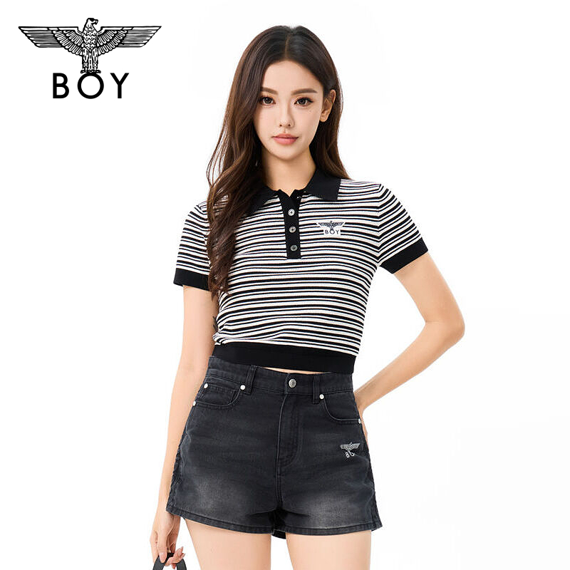 BOY LONDON复古短款修身POLO衫黑白条纹春夏新款女针织短袖W01921