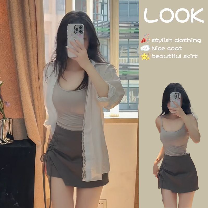 2025夏季新款套装女浅灰色蕾丝边开衫灰色吊带深灰系带短裙三件套